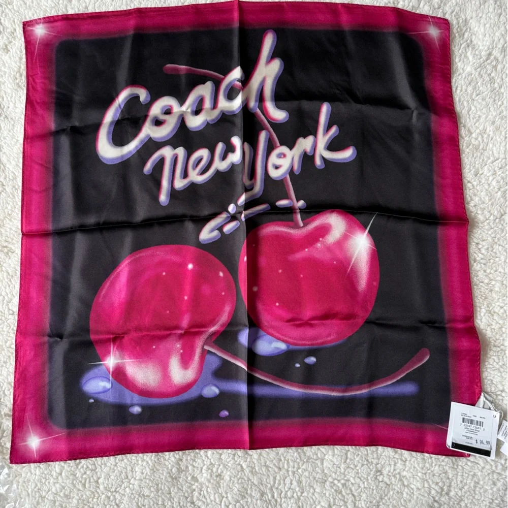 NWT Coach Airbrushed Cherry Print Silk Bandana Black red CS596